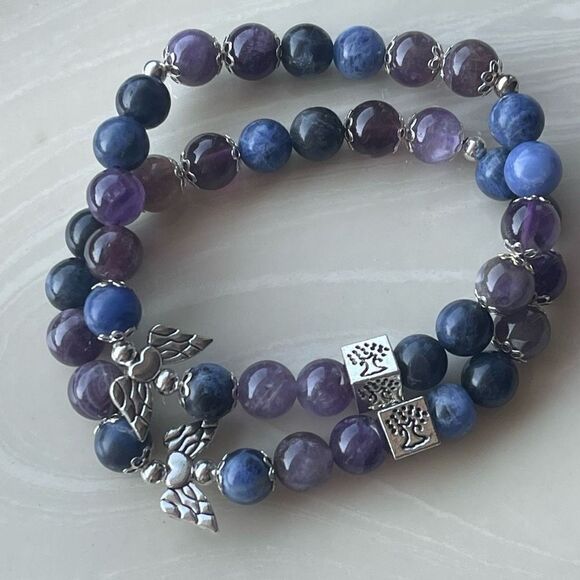 Amethyst sodalite Angel wings tree of life ONE NEW stretch bracelet beaded - Picture 8 of 11